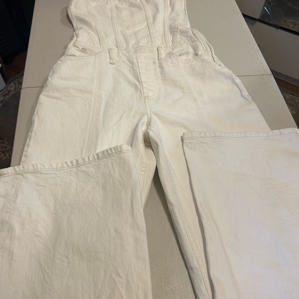 Zara Off-White Denim Jumpsuit Sz Small Coset Top Wide Leg Side Zipper